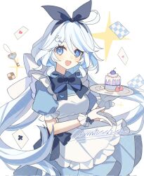Rule 34 | 1girl, ahoge, alice (alice in wonderland), alice (alice in wonderland) (cosplay), alice in wonderland, apron, blue bow, blue bowtie, blue dress, bow, bowtie, checkerboard cookie, commission, cookie, cosplay, dessert, dress, food, furina (genshin impact), genshin impact, gloves, hair bow, hand up, highres, holding, holding plate, key, long hair, looking at viewer, low twintails, multicolored hair, open mouth, plate, puffy short sleeves, puffy sleeves, reido 0723, short sleeves, simple background, smile, solo, streaked hair, twintails, very long hair, white apron, white background, white bow, white gloves