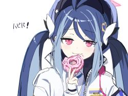 Rule 34 | 1girl, blue archive, blue hair, doughnut, food, fubuki (blue archive), hair ornament, halo, jacket, mimitoke, open clothes, open jacket, pink eyes, simple background, twintails, white background, white jacket