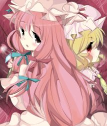 Rule 34 | 2girls, :o, bad id, bad pixiv id, female focus, flandre scarlet, hair ribbon, hat, kotori (cocco0v0), long hair, looking back, multiple girls, open mouth, patchouli knowledge, profile, ribbon, short hair, touhou, tress ribbon