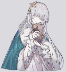 Rule 34 | 1girl, anastasia (fate), aqua cape, blue eyes, cape, chuzenji, closed mouth, commentary request, doll, dress, expressionless, fate/grand order, fate (series), fur-trimmed cape, fur trim, gem, grey hair, highres, holding, holding doll, long bangs, long hair, long sleeves, looking at viewer, simple background, solo, upper body, viy (fate), white dress, white hair