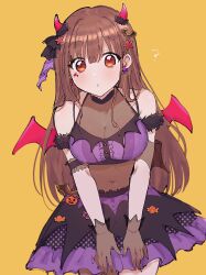 Rule 34 | 1b 104, 1girl, :o, ?, black gloves, blush, breasts, brown hair, cleavage, covered navel, demon horns, demon wings, facepaint, gloves, halloween costume, highres, horns, idolmaster, idolmaster shiny colors, large breasts, long hair, looking at viewer, purple skirt, red eyes, see-through, see-through cleavage, simple background, skirt, solo, sonoda chiyoko, straight hair, very long hair, wings, yellow background
