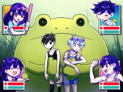 Rule 34 | 2girls, 4boys, aubrey (headspace) (omori), aubrey (omori), baseball bat, basil (headspace) (omori), basil (omori), black hair, black thighhighs, blue overalls, bow, expressionless, frog, green eyes, green hair, green shirt, hair bow, hero (headspace) (omori), hero (omori), holding, holding baseball bat, kel (headspace) (omori), kel (omori), long hair, mari (headspace) (omori), mari (omori), multiple boys, multiple girls, omori, omori (omori), open mouth, overall shorts, overalls, pink bow, purple eyes, purple hair, shirt, short hair, short sleeves, teeth, thighhighs, upper teeth only, yutsu