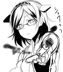 Rule 34 | 10s, 1girl, broken, detached sleeves, glasses, greyscale, hairband, kantai collection, kirishima (kancolle), looking at viewer, microphone, monochrome, nochita shin, solo, upper body