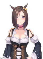 Rule 34 | 1girl, air groove (umamusume), animal ears, blue eyes, blush, breasts, brown hair, choker, cleavage, commentary request, cosplay, detached sleeves, ear ornament, eishin flash (umamusume), eishin flash (umamusume) (cosplay), hair over one eye, hand on own hip, highres, horse ears, horse girl, kin&#039;iro dojo, long sleeves, looking at viewer, medium breasts, medium hair, parted lips, resolution mismatch, shoulder strap, signature, simple background, solo, source larger, umamusume, upper body, white background