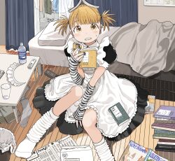 Rule 34 | 1girl, apron, basket, between legs, black dress, blanket, blonde hair, book, book on head, bottle, clenched teeth, commentary, controller, dress, embarrassed, envelope, fingerless gloves, glass, gloves, hand between legs, highres, holding, holding book, indoors, maid, maid apron, maid headdress, n floor, nagomurasan, nail polish, object on head, original, pillow, remote control, short twintails, sitting, socks, solo, striped clothes, striped gloves, sweat, symbol-only commentary, table, teeth, trash bag, twintails, unworn hair ornament, unworn socks, water bottle, white socks, yellow eyes