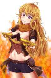 Rule 34 | 1girl, absurdres, ahoge, bad id, bad pixiv id, belt, black gloves, black shorts, blonde hair, breasts, cleavage, cowboy shot, ember celica (rwby), fingerless gloves, fire, gloves, highres, large breasts, light smile, long hair, midriff, natu sksp, navel, no bra, orange scarf, pink lips, pouch, puffy short sleeves, puffy sleeves, purple eyes, rwby, scarf, short shorts, short sleeves, shorts, solo, very long hair, wavy hair, yang xiao long