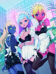Rule 34 | 3girls, 786(nayam), apron, ass, bad id, bad twitter id, blonde hair, blue hair, blue skin, bracelet, breasts, cleavage, colored skin, detached collar, dress, elbow gloves, frilled dress, frills, gloves, gradient hair, green eyes, hair behind ear, jewelry, juliet sleeves, long sleeves, looking at viewer, looking down, maid, maid apron, multicolored hair, multiple girls, neon lights, original, pink skin, puffy sleeves, purple hair, thighhighs, tongue, tongue out, white gloves