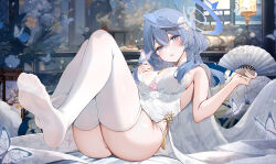 1girl ako_(blue_archive) bare_arms bare_shoulders blue_archive blue_eyes blue_hair blue_halo blush breasts bug butterfly commentary dress feet flower folding_fan full_body hair_ornament halo hand_fan highres holding holding_fan insect large_breasts looking_at_viewer medium_hair panties parted_lips soles solo thighs underwear white_dress white_panties yukineko1018