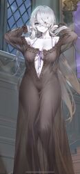 Rule 34 | 1girl, absurdres, alternate costume, atelier (series), atelier ryza, atelier ryza 1, azur lane, bare shoulders, black dress, black nails, black nightgown, blue eyes, breasts, cleavage, closed mouth, collarbone, colored skin, cowboy shot, crossed bangs, dress, fingernails, frilled nightgown, hair between eyes, hair over one eye, heterochromia, highres, indoors, large breasts, lila decyrus, lila decyrus (moonlit encounter), long dress, long hair, long sleeves, looking at viewer, navel, nightgown, official art, pale skin, red eyes, ribbon, see-through, sharp fingernails, sleepwear, solo, standing, thighs, very long hair, white hair, window, zhudouzi