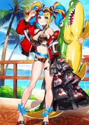 1girl, animal print, arm up, bare shoulders, belt, bikini, black choker, blonde hair, blue hair, breasts, brown bikini, choker, cleavage, closed mouth, eyewear on head, fate/grand order, fate (series), full body, heart, heart-shaped eyewear, inflatable crocodile, inflatable toy, jacket, leopard print, long hair, long sleeves, looking at viewer, medium breasts, mika pikazo, multicolored hair, navel, off shoulder, official art, open clothes, open jacket, puffy sleeves, red hair, red jacket, sandals, sei shounagon (fate), smile, smug, solo, standing, stomach, sunglasses, swimsuit, thigh strap, thighs, twintails, two-tone hair, v-shaped eyebrows, yellow eyes