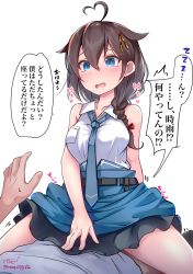 Rule 34 | 1boy, 1girl, absurdres, ahoge, artist name, baileys (tranquillity650), blue eyes, blue necktie, blue skirt, blush, braid, brown hair, collarbone, collared shirt, girl on top, hair between eyes, hair flaps, highres, kantai collection, long hair, necktie, open mouth, shigure (kancolle), shigure kai ni (kancolle), shirt, signature, simple background, single braid, skirt, sleeveless, sleeveless shirt, solo focus, speech bubble, translated, twitter username, white background, white shirt