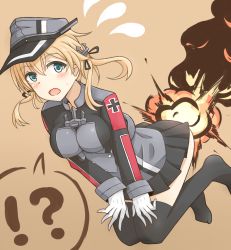 Rule 34 | !?, 10s, 1girl, anchor, anchor hair ornament, atatata71, bad id, bad pixiv id, black skirt, black thighhighs, blonde hair, breasts, commentary request, cross, explosion, flying sweatdrops, gloves, green eyes, hair ornament, hat, highres, iron cross, kantai collection, karikura (atatata71), large breasts, long sleeves, microskirt, military, military hat, military uniform, no shoes, open mouth, peaked cap, pleated skirt, prinz eugen (kancolle), skirt, solo, thighhighs, tongue, twintails, uniform, white gloves