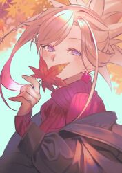 Rule 34 | 1girl, absurdres, alternate costume, autumn leaves, black jacket, blue eyes, covered mouth, earrings, fate/grand order, fate (series), highres, hiro (hirohiro gorira), holding, holding leaf, jacket, jewelry, leaf, long sleeves, miyamoto musashi (fate), off shoulder, pink hair, ponytail, red sweater, ribbed sweater, sleeves past wrists, solo, sweater, turtleneck, turtleneck sweater