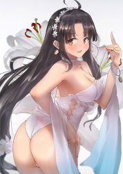 Rule 34 | 1girl, ahoge, ass, bad anatomy, black hair, blush, breasts, brown eyes, cleavage, collarbone, cosplay, cowboy shot, earrings, flower, hair flower, hair ornament, jewelry, kantai collection, large breasts, long hair, low-tied long hair, one-piece swimsuit, open mouth, sagiri (kancolle), sagiri (kancolle) (cosplay), shouhou (kancolle), smile, solo, swimsuit, toka (marchlizard), very long hair, white flower, white one-piece swimsuit