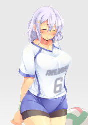 Rule 34 | 1girl, alternate costume, ball, bike shorts, bike shorts under shorts, blush, breasts, closed eyes, clothes writing, hair ornament, highres, holding, holding ball, kokka han, large breasts, letty whiterock, plump, purple hair, short hair, shorts, simple background, solo, sportswear, touhou, volleyball (object), volleyball uniform