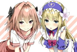 Rule 34 | 2boys, alternate costume, androgynous, apron, astolfo (fate), astolfo (sailor paladin) (fate), blonde hair, blue eyes, blush, braid, chevalier d&#039;eon (fate), child, dress, enmaided, fang, fate/apocrypha, fate/grand order, fate (series), hair intakes, hair ribbon, long hair, looking at viewer, maid, maid apron, maid headdress, male focus, multiple boys, official alternate costume, open mouth, pink hair, purple eyes, ribbon, single braid, sky-freedom, smile, trap