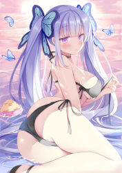 Rule 34 | ass, bare shoulders, bikini, bikini pull, bikini top only, bird, black bikini, breasts, bug, butterfly, butterfly hair ornament, chick, closed mouth, clothes pull, hair ornament, holding, holding bikini top, holding clothes, holding swimsuit, hoshino koucha, insect, large breasts, light purple hair, long hair, looking at viewer, looking back, original, purple eyes, sideboob, sitting, solo, sunset, swimsuit, thighs, twintails, underboob, very long hair, water, yokozuwari