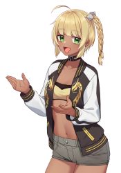 Rule 34 | 1girl, :d, ahoge, black jacket, blonde hair, blunt bangs, braid, collarbone, commission, copyright request, cowboy shot, dark-skinned female, dark skin, green eyes, grey shorts, highres, jacket, long sleeves, looking at viewer, mole, mole under eye, navel, open clothes, open jacket, open mouth, puffy long sleeves, puffy sleeves, sakura chiyo (konachi000), short shorts, shorts, simple background, smile, solo, twin braids, virtual youtuber, white background