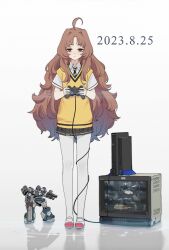 Rule 34 | 1girl, :|, absurdres, action figure, ahoge, armored core, brown eyes, brown hair, character request, closed mouth, controller, copyright request, crt, curly hair, dated, dot nose, expressionless, full body, game console, game screenshot inset, highres, holding, holding controller, long hair, looking at viewer, necktie, pantyhose, parted bangs, playstation 2, pleated skirt, reflective floor, shirt, shitakirisuzu, shoes, short sleeves, skirt, solo, straight-on, striped necktie, uwabaki, very long hair, vest, white background, white pantyhose, white shirt, yellow vest, you&#039;re doing it wrong