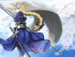 Rule 34 | 1girl, armor, armored dress, black bow, blonde hair, blue dress, blue eyes, bow, braid, capelet, chain, closed mouth, dress, fate/apocrypha, fate (series), faulds, flag, from side, hair bow, headpiece, jeanne d&#039;arc (fate), jeanne d&#039;arc (ruler) (fate), long hair, looking at viewer, looking to the side, low-tied long hair, psyren2, single braid, smile, solo, standing, sword, weapon