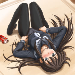 Rule 34 | 1girl, black eyes, black pantyhose, brown hair, clothes pull, crotch seam, embarrassed, feet, food, lielos, long hair, lying, mouth hold, no pants, on back, original, panties, panties under pantyhose, pantyhose, pantyhose pull, pocky, school uniform, sera haruna, serafuku, solo, underwear, undressing