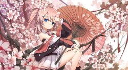 Rule 34 | 1girl, blue eyes, cherry blossoms, chinese commentary, commentary request, dress, henzer, highres, necktie, oil-paper umbrella, original, parted bangs, pink hair, side ponytail, sitting, sleeveless, sleeveless dress, solo, umbrella