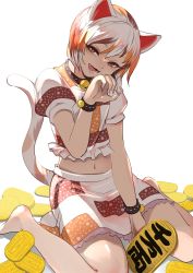 Rule 34 | animal ears, bare legs, barefoot, bell, black collar, brown eyes, calico, cat ears, cat tail, coin, collar, fang, feet out of frame, fingernails, frilled shirt, frilled skirt, frills, full body, gesture, gold, goutokuji mike, highres, jingle bell, kerok (joniko1110), koban (gold), long fingernails, maneki-neko, midriff, multicolored clothes, multicolored hair, multicolored shirt, multicolored skirt, multicolored tail, navel, neck bell, patch, paw pose, shirt, short sleeves, simple background, skirt, solo, streaked hair, tail, touhou, unconnected marketeers, white background