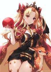 Rule 34 | 1girl, animal, artist name, black dress, blonde hair, blush, bow, breasts, cape, commentary, deer, detached collar, detached sleeves, dress, ereshkigal (fate), fate/grand order, fate (series), forehead, hair bow, highres, holding, holding skull, kiyochii, long hair, panties, pantyshot, red bow, red cape, red eyes, short dress, single detached sleeve, skull, small breasts, solo, spine, symbol-only commentary, thigh gap, thighs, tiara, two side up, underwear, watermark, white background