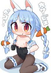 Rule 34 | 1girl, animal ears, black gloves, black leotard, blue hair, bow, braid, breasts, brown pantyhose, carrot hair ornament, commentary, food-themed hair ornament, full body, fur-trimmed gloves, fur trim, gloves, hair bow, hair ornament, hololive, leotard, leotard tug, multicolored hair, nanatsuta, nipples, pantyhose, playboy bunny, rabbit-shaped pupils, rabbit ears, rabbit girl, rabbit tail, red eyes, sitting, small breasts, solo, strapless, strapless leotard, symbol-shaped pupils, tail, thick eyebrows, thigh strap, tongue, tongue out, translation request, twin braids, two-tone hair, usada pekora, virtual youtuber, wariza, white hair