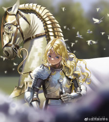 Rule 34 | 1girl, absurdres, armor, barding, bird, blonde hair, blurry, blurry background, blurry foreground, breastplate, chainmail, closed mouth, cuirass, curly hair, dove, fang fengzheng de danche, gauntlets, head down, highres, holding, holding sword, holding weapon, horse, knight, long hair, long sword, looking at viewer, meadow, medieval, original, outdoors, pauldrons, purple eyes, reins, shoulder armor, smile, sunlight, sword, tree, upper body, weapon, weibo logo, weibo watermark, dove, white horse