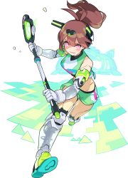 Rule 34 | 1girl, android, antenna hair, artist request, bare shoulders, bike shorts, bike shorts under shorts, blush, breasts, brown hair, crop top, doll joints, female focus, full body, glowing, glowing eyes, green footwear, green shirt, green shorts, grin, hair ornament, hands up, happy, headgear, highres, holding, joints, lacrosse, lacrosse stick, leg up, long hair, looking at viewer, mechanical arms, mechanical legs, medium breasts, middie (world flipper), midriff, non-web source, official art, pink eyes, ponytail, running, running towards viewer, shirt, shoes, short shorts, shorts, side slit, sidelocks, sleeveless, sleeveless shirt, smile, solo, sports bra, sweat, teeth, transparent, transparent background, v-shaped eyebrows, world flipper