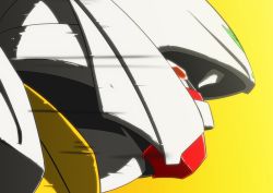 Rule 34 | close-up, commentary request, from side, gicchon, gundam, mecha, no humans, orange eyes, robot, simple background, syd mead (designer), turn a gundam, turn a gundam (mobile suit), yellow background
