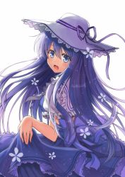 Rule 34 | 1girl, blue eyes, bow, dress, floral print, hat, lolita fashion, long hair, looking at viewer, looking back, open mouth, original, purple hair, purple theme, ribbon, simple background, skirt hold, smile, solo, terras, white background
