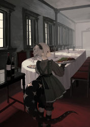 Rule 34 | 1girl, absurdres, black bloomers, black dress, bloomers, bottle, candelabra, candlestand, chair, dining room, dragon horns, dress, female focus, food, from behind, highres, horns, looking back, meat, original, pale skin, plate, pointy ears, red eyes, reflection, shadow, solo, standing, table, tablecloth, tail, twitter username, underwear, window, wine bottle, yuzusuke10