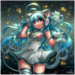 Rule 34 | 1girl, album cover, animal ears, antenna hair, blue hair, breasts, cat ears, cat tail, chestnut mouth, cover, d-pad, emperpep, game boy, game boy (original), gloves, grey gloves, grey thighhighs, handheld game console, headphones, long hair, looking at viewer, medium breasts, nintendo, original, parted lips, red eyes, solo, star (symbol), tail, thighhighs, very long hair
