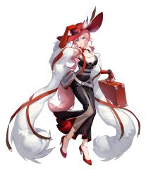 Rule 34 | 1girl, a4ina, absurdres, animal ear fluff, animal ears, arknights, bare shoulders, belt, black dress, blue eyes, breasts, cat ears, cat tail, cleavage, commentary request, dress, ears through headwear, feather boa, full body, heidi (arknights), high heels, highres, large breasts, long dress, long hair, looking at viewer, parted lips, pink hair, red footwear, red headwear, simple background, smile, solo, tail, white background, white belt