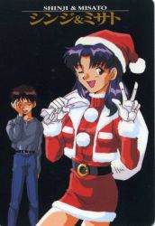 Rule 34 | 1boy, 1girl, age difference, breasts, christmas, facepalm, gloves, hat, ikari shinji, katsuragi misato, looking at viewer, medium breasts, neon genesis evangelion, official art, one eye closed, open mouth, purple hair, retro artstyle, santa costume, santa hat, scan, size difference, smile, v, white gloves, wink