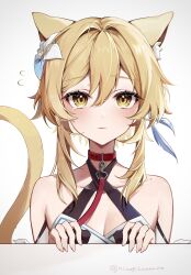 Rule 34 | 1girl, animal ear fluff, animal ears, bare shoulders, blonde hair, cat ears, cat tail, closed mouth, collar, collarbone, commentary request, feather hair ornament, feathers, flower, genshin impact, hair flower, hair ornament, highres, hinagikumonnme, kemonomimi mode, leash, looking at viewer, lumine (genshin impact), red collar, short hair with long locks, sidelocks, simple background, solo, tail, twitter username, white background, white flower, yellow eyes