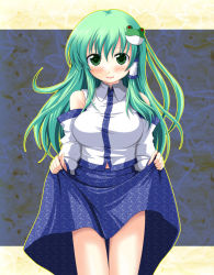 Rule 34 | 1girl, bare shoulders, blue skirt, blush, breasts, clothes lift, cowboy shot, cropped legs, green eyes, green hair, hair between eyes, hair ornament, hair ribbon, hands up, holding, kinagi yuu, kochiya sanae, large breasts, lifting own clothes, long hair, long sleeves, looking at viewer, multicolored background, multicolored clothes, open mouth, patterned clothing, ribbon, skirt, skirt hold, skirt lift, smile, solo, standing, thigh gap, touhou