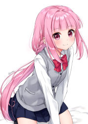 Rule 34 | 1girl, anz32, bad id, bad pixiv id, black skirt, braid, buttons, commentary request, grey sweater vest, long hair, magia record: mahou shoujo madoka magica gaiden, mahou shoujo madoka magica, pink eyes, pink hair, school uniform, shirt, simple background, sitting, skirt, smile, solo, sweater vest, tamaki iroha, v arms, very long hair, white background, white shirt