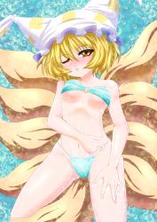 1girl alternate_costume bikini blonde_hair blush breasts bubble cameltoe collarbone female_focus fox_tail hat looking_at_viewer lying madara_inosuke multiple_tails navel on_back one_eye_closed open_mouth short_hair solo swimsuit tail touhou underboob wink yakumo_ran yellow_eyes