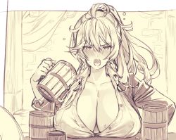 Rule 34 | 1girl, ahoge, blush, braid, breasts, brown eyes, collarbone, collared shirt, commentary request, covered erect nipples, cup, dripping, drunk, frown, granblue fantasy, hair between eyes, jacket, koza game, large breasts, long hair, looking at viewer, monochrome, mug, nipples, no bra, ponytail, saliva, see-through, shirt, side braid, silva (granblue fantasy), solo, squeans, white hair