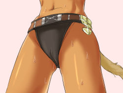 Rule 34 | 00s, 1girl, belt, bikini, bobabo, cameltoe, cat tail, close-up, female focus, final fantasy, final fantasy xi, mithra (ff11), navel, simple background, solo, sweat, swimsuit, tail, thighs, waist down