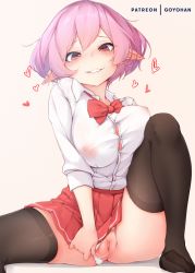Rule 34 | 1girl, barefoot, black thighhighs, blush, bow, bowtie, breast press, breast rest, breasts, button gap, censored, clothing aside, collarbone, collared shirt, covered erect nipples, donedone, dress shirt, grin, head tilt, heart, invisible chair, large breasts, long sleeves, looking at viewer, loose bowtie, lucid (maplestory), maplestory, medium hair, mosaic censoring, no shoes, panties, panties aside, patreon username, pink hair, pleated skirt, pointy ears, pussy, pussy juice, red eyes, shirt, shirt tucked in, short hair, shrugging, sitting, skirt, sleeves rolled up, smile, solo, spread legs, thighhighs, unaligned breasts, underwear, uniform, white panties, white shirt, wing collar, zettai ryouiki