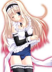 Rule 34 | 00s, 1girl, apron, araiguma, blonde hair, blush, kusugawa sasara, lowres, maid, maid apron, one-piece swimsuit, one eye closed, school swimsuit, solo, swimsuit, thighhighs, to heart (series), to heart 2, wink