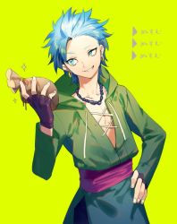 Rule 34 | 1boy, androgynous, bag, blue eyes, blue hair, commentary, dragon quest, dragon quest xi, earrings, fingerless gloves, fingernails, gloves, green background, grin, hand on own hip, holding, hoop earrings, jewelry, kamyu (dragon quest), looking to the side, male focus, necklace, parted lips, sash, short hair, simple background, smile, solo, sparkle, translated, yamakawa