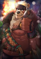 Rule 34 | 1boy, absurdres, ainu clothes, animal ears, animal nose, bara, bear boy, bear ears, brown fur, cape, chest hair, commentary request, facepaint, fire, fish, fish (food), full moon, fur cape, furry, furry male, green eyes, headband, highres, holding, holding skewer, karasuki, kimun kamui (housamo), large pectorals, male focus, moon, muscular, muscular male, nipples, partial commentary, pectorals, red pupils, scar, scar on face, scar on mouth, short hair, skewer, smile, snout, solo, sword, tokyo houkago summoners, tusks, underpec, upper body, weapon, white hair