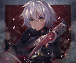 Rule 34 | &gt;:/, 1girl, :/, bandaged arm, bandages, belt, belt buckle, black belt, black cloak, black shirt, buckle, cloak, closed mouth, commentary request, dagger, facial scar, fate/grand order, fate (series), green eyes, hair between eyes, holding, holding knife, holding weapon, iyo (nanaka-0521), jack the ripper (fate/apocrypha), knife, light particles, looking at viewer, scar, scar across eye, scar on cheek, scar on face, shirt, short hair, silver hair, smoke, solo, torn cloak, torn clothes, turtleneck, upper body, v-shaped eyebrows, weapon