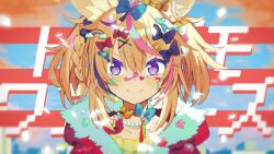Rule 34 | 1girl, animal ears, bandaid, bandaid on face, bandaid on nose, black bow, blonde hair, blue bow, blush, bow, braid, collarbone, colorful, commentary, decora, english commentary, fox ears, fox girl, fur trim, hair bow, hair ornament, hairclip, highres, hololive, hood, hooded jacket, jacket, long hair, miwasiba, multicolored hair, official art, omaru polka, pink hair, portrait, red bow, red jacket, side braid, smile, solo, sticker, streaked hair, tondemo wonders (vocaloid), twintails, v-shaped eyebrows, virtual youtuber