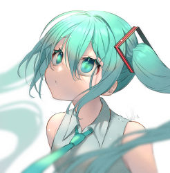 Rule 34 | 1girl, absurdres, ahoge, aqua eyes, aqua hair, aqua necktie, bare shoulders, blue hair, collared shirt, commentary request, floating hair, gradient hair, green hair, hair between eyes, hair ornament, halha 20, hatsune miku, highres, long hair, looking away, looking up, loose necktie, multicolored hair, necktie, parted bangs, parted lips, pleated shirt, shirt, sidelocks, signature, simple background, sleeveless, sleeveless shirt, solo, teeth, twintails, very long hair, vocaloid, white background, white shirt